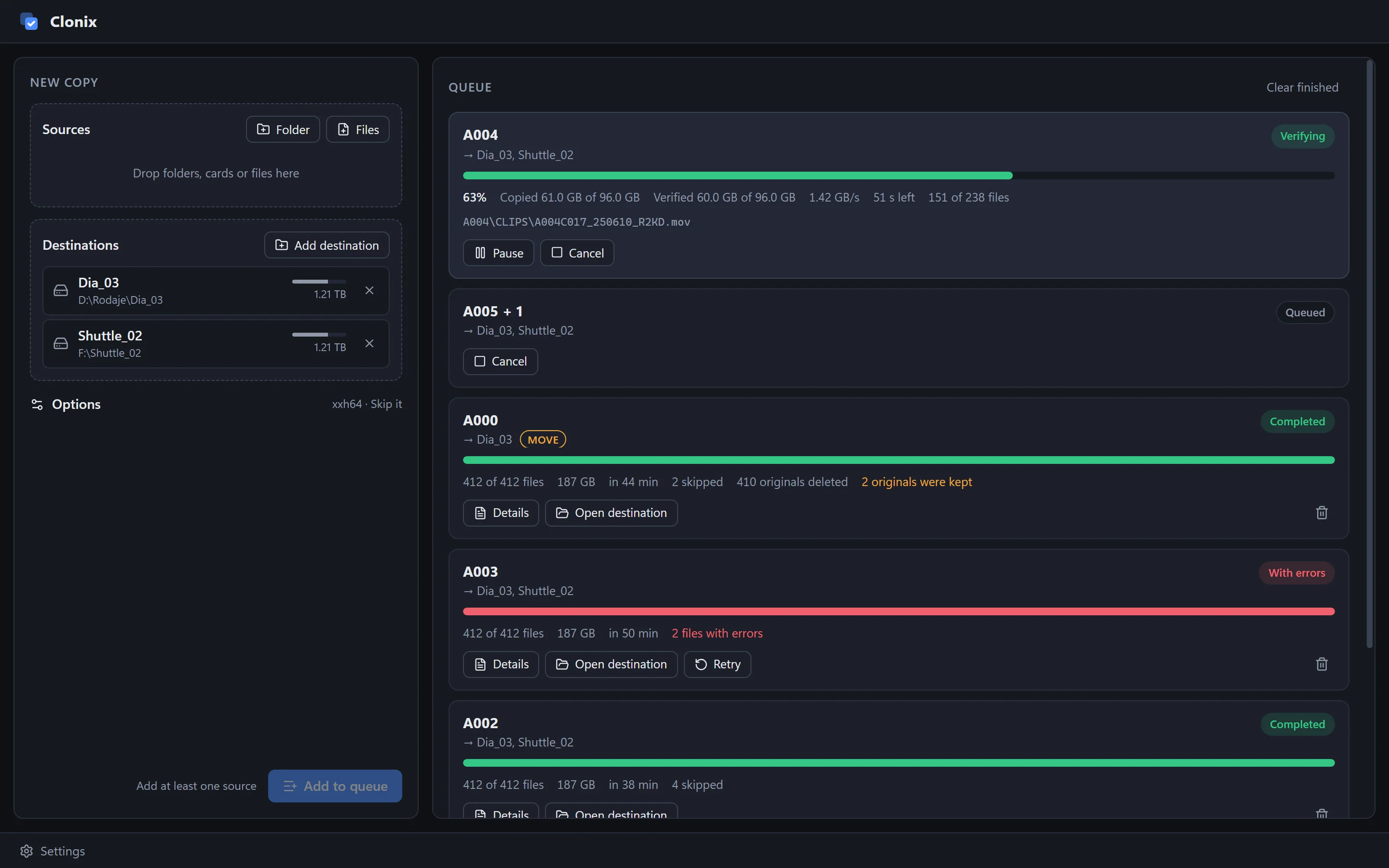 The queue: every job to several destinations at once, verified