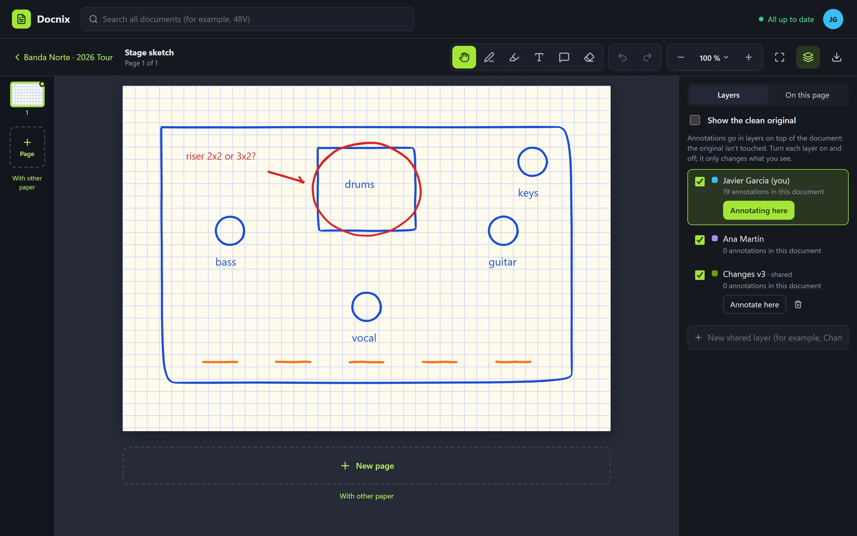 A grid canvas: the stage plot, by hand