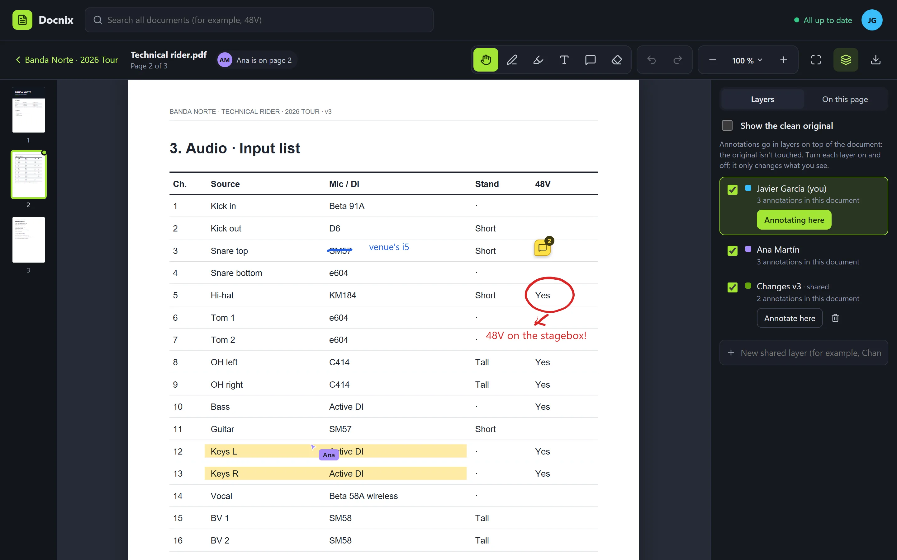 A rider with the team's annotations, each in its own layer