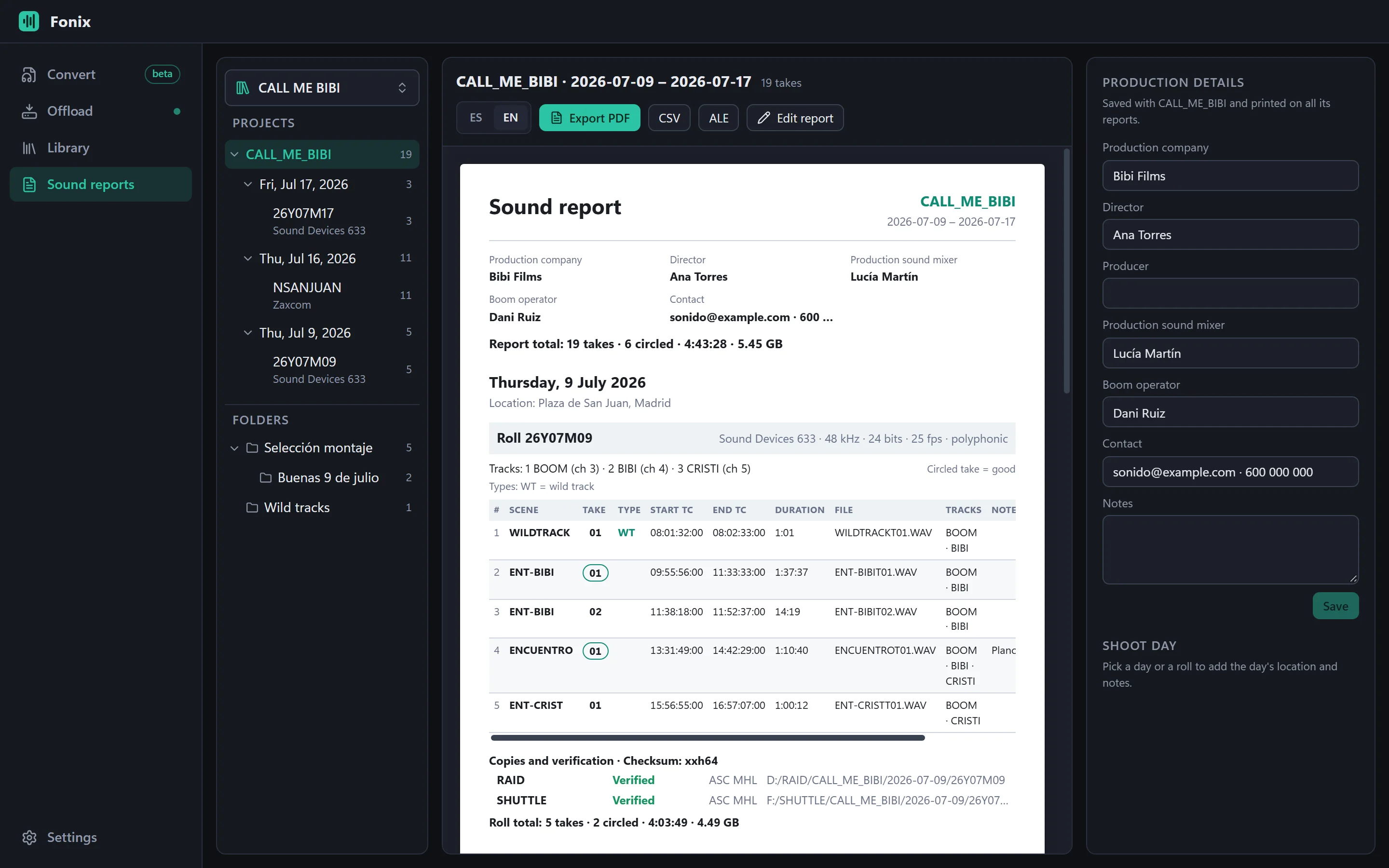 The sound reports, in PDF, CSV and ALE