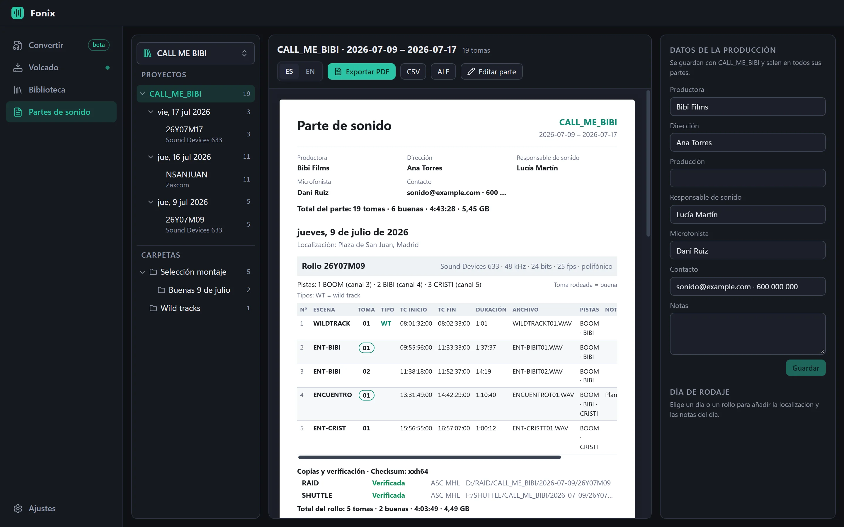 Los partes de sonido, en PDF, CSV y ALE