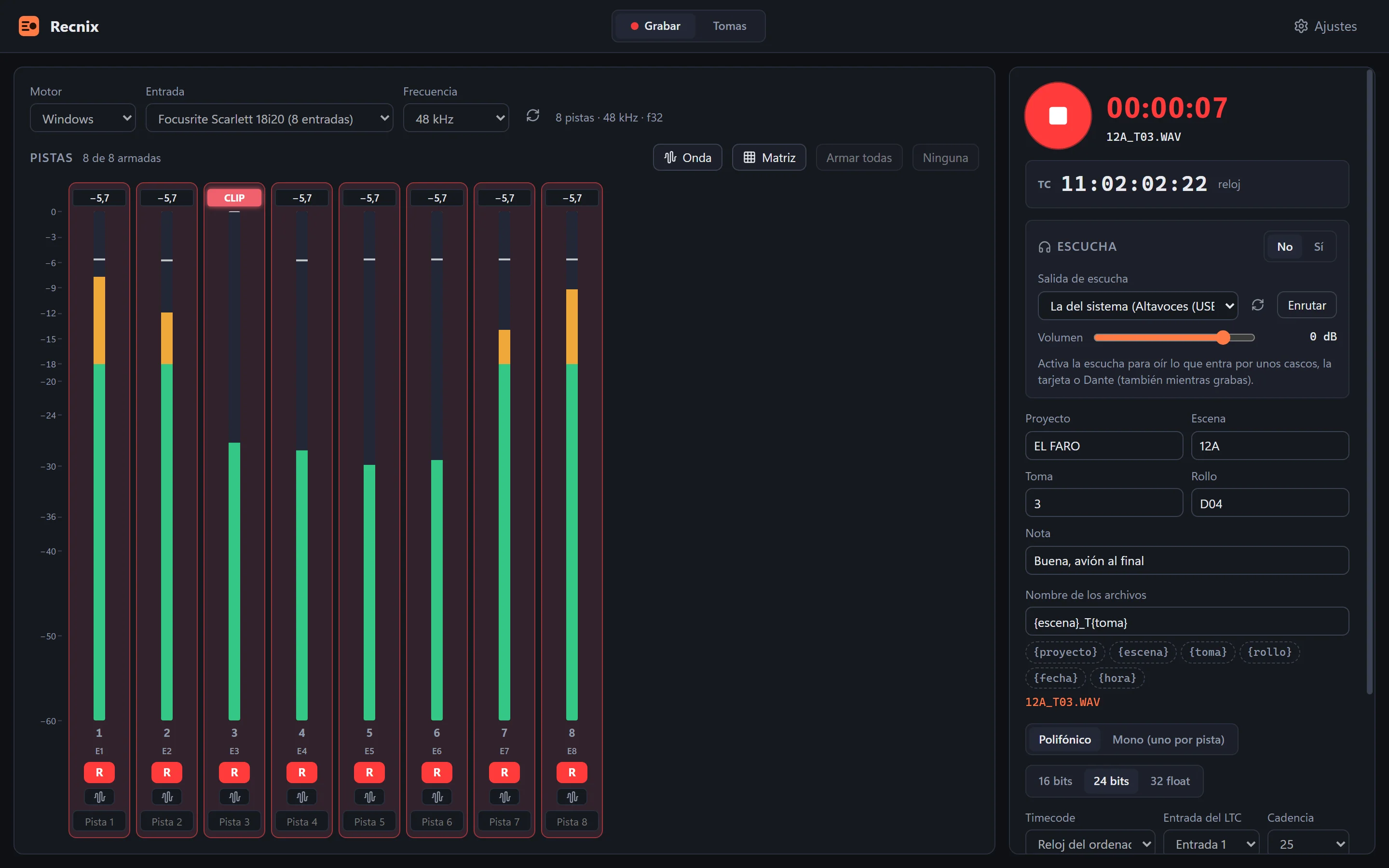 Grabando ocho pistas, con timecode y los datos de la toma